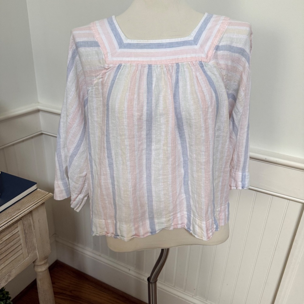 Gap Womens XS Pastel Striped Linen Blend Square Neck 3/4 Sleeve Boho Blouse